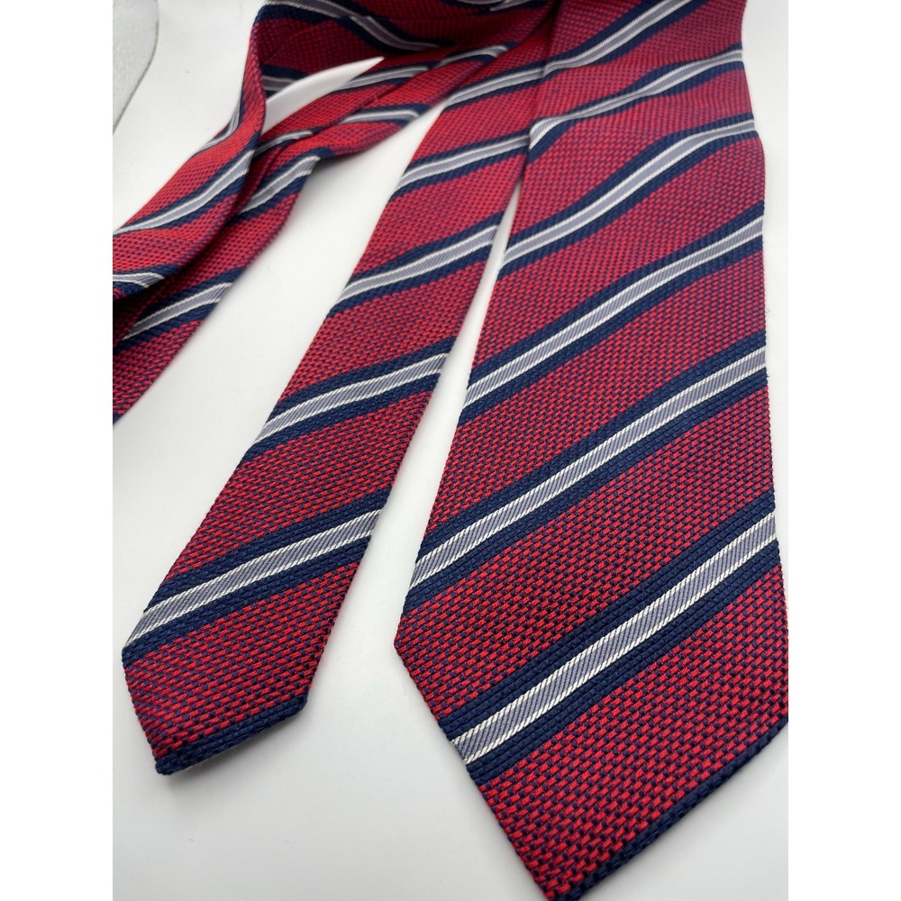 Eton Mens Silk Tie Red Navy Blue Silver Striped Basketweave Made in Italy